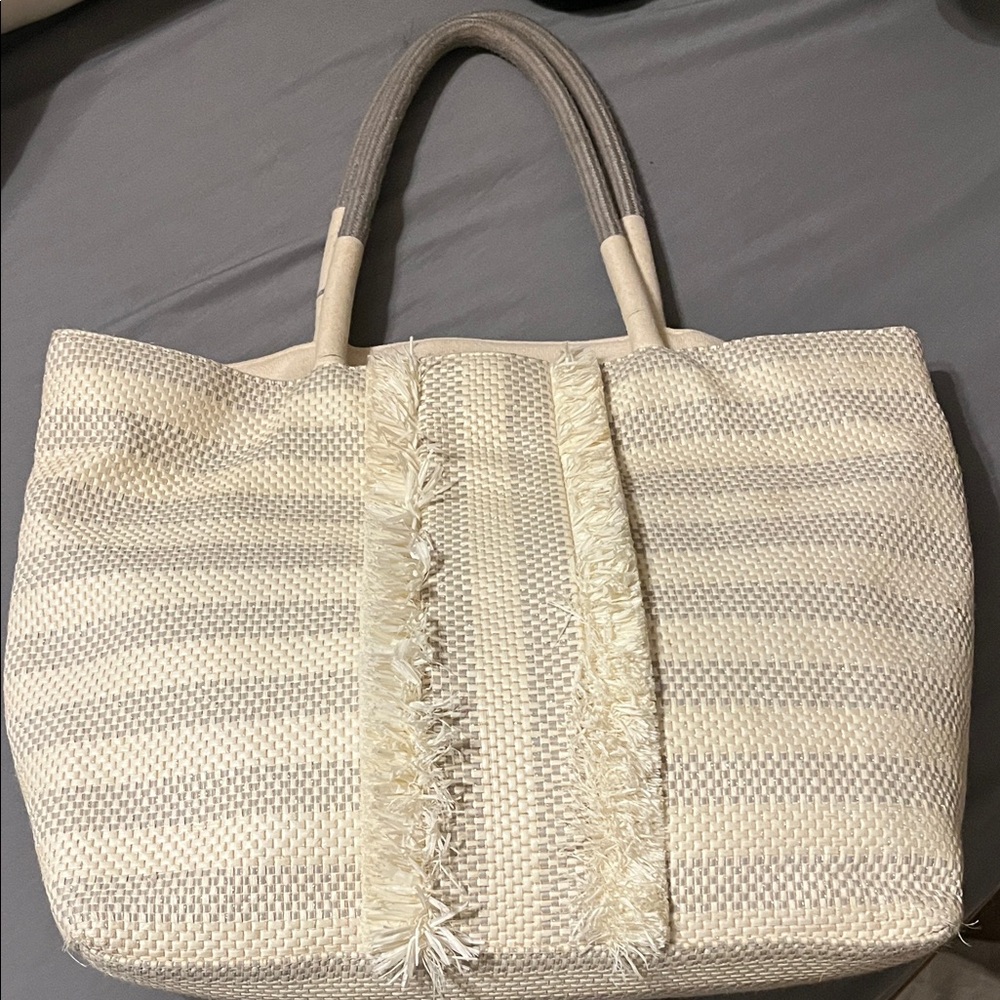Stella & Dot Cream and Gray Woven Tote